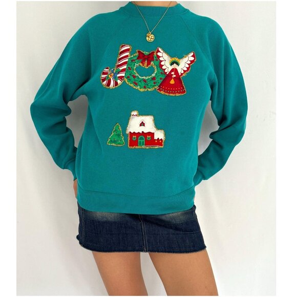 90s vintage reworked green festive holiday JOY christmas pullover sweatshirt - Picture 2 of 8